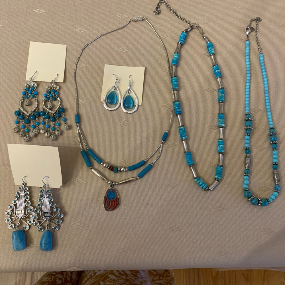Turquoise 3 necklaces, 3 earrings  set.